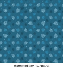 Dark seamless pattern of many light snowflakes on blue background. Soft Christmas winter theme for gift wrapping. New Year seamless background for website