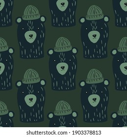 Dark seamless pattern with navy blue bear in hat print. Green olive dark background. Kids doodle style. Vector illustration for seasonal textile prints, fabric, banners, backdrops and wallpapers.