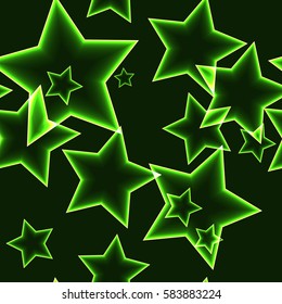Dark seamless pattern with neon green outline stars on black background.