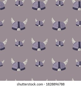 Dark seamless pattern with northern viking helmet silhouettes. Grey background. Pale navy blue colored medieval ornament. Great for fabric design, textile print, wrapping, cover. Vector illustration.