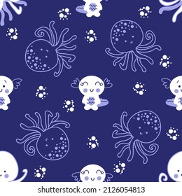 Dark seamless pattern with octopus and axolotls in the ocean. Perfect for T-shirt, textile and print. Hand drawn vector illustration for decor and design.



