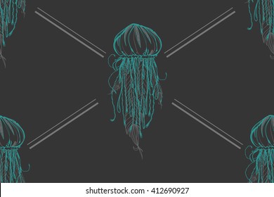 Dark seamless pattern on the marine theme. Texture with jellyfish. Sea creatures.