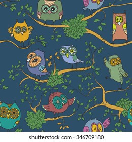 Dark seamless pattern with owls on the branches. Background with cute doodle birds sitting on trees. Design for children's textile, wallpapers, cards and posters. Vector illustration with animals