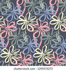 Dark seamless pattern with pale colors hand drawn inky chamomile flowers on black background. Contrast chinese ink floral elements texture for textile, wrapping paper, cover, surface, wallpaper