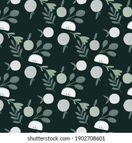 Dark seamless pattern with pastel blue apple and foliage print. Black background. Food fruit backdrop. Stock illustration. Vector design for textile, fabric, gift wrap, wallpapers.
