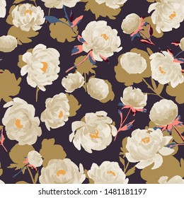 Dark seamless pattern with peonies made in the style of watercolor painting. Large bouquets with peonies, floral spring, summer pattern. For weddings, fabrics, packaging.