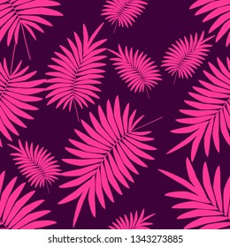 Dark seamless pattern with pink tropical leaves 
