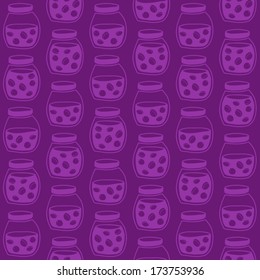 Dark seamless pattern with the plum jam jars. Plain shadeless background with violet plums for decoration or background.