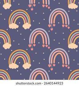 Dark seamless pattern with rainbows, hearts and clouds