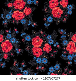 Dark seamless pattern with red roses and blue flowers on the black background