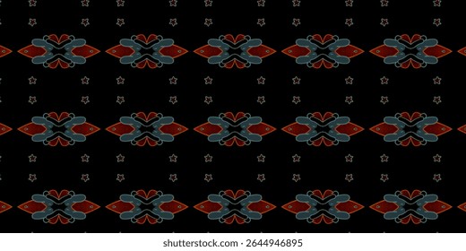 Dark seamless pattern with red and teal abstract shapes in geometric symmetry on black background. Perfect for wallpapers, textiles, and digital designs.