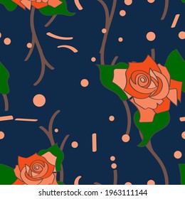 dark seamless pattern with roses. beautiful roses of coral shades with green leaves, brown branches and circles of different sizes randomly arranged on a dark blue background. vector 