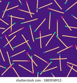 Dark seamless pattern of safety matches. Random scattered wooden matches backdrop. Flat style illustration. Good for fabric, wrapping paper, design package and cover. Vector