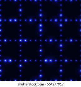 Dark seamless pattern with shinning blue neon dot grid. Glowing and sparkling network made from small circles in lines.