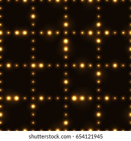 Dark seamless pattern with shinning gold neon dot grid. Glowing and sparkling network made from small circles in lines.
