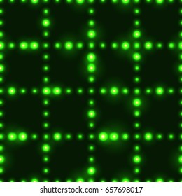 Dark seamless pattern with shinning green neon dot grid. Glowing and sparkling network made from small circles in lines.