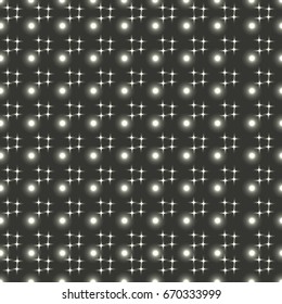 Dark seamless pattern with shinning lights grid. Glowing and sparkling network made from small circles in lines. Vector