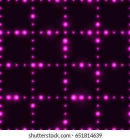 Dark seamless pattern with shinning purple neon dot grid. Glowing and sparkling network made from small circles in lines.