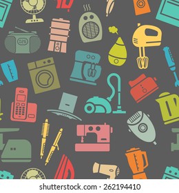 Dark seamless pattern of silhouette home appliances and electronics. Vector illustration