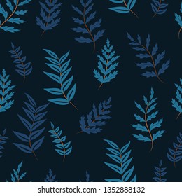 Dark seamless pattern with silhouette of leaf. Leaves repeat pattern, retro flat style. Great for textile, wallpaper, wrap, fabric, and any surface design.