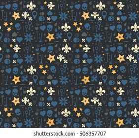 Dark seamless pattern of skulls, stars, knives, keys and hearts. 