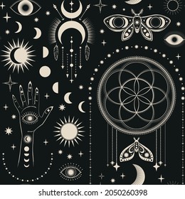 Dark Seamless Pattern of Sky Signs, Moth, Eyes and Magical Symbols in Beige Colors