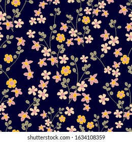 Dark seamless pattern with small wildflowers. Floral print with abstract chamomiles. Template for textile design, cards, scrapbooking.