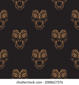 Dark seamless pattern with snake head. Vector illustration.