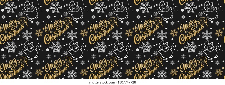 Dark Seamless pattern with snowmen and text Merry Christmas. Vector image
