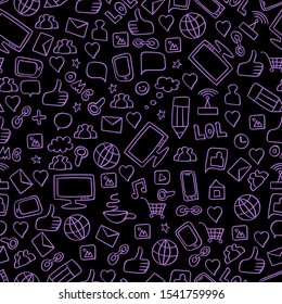 Dark seamless pattern with social media doodle elements. Purple hand drawn icons on black background. Vector illustartion.