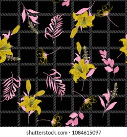 Dark seamless pattern spring branch delicate and beautiful lily blooming flowers vector on hand drawn grid rope check for fashion fabric ,wallpaper on black