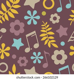 Dark seamless pattern of stars, notes and leaves. Vector backfround