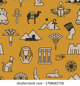 Dark seamless pattern of symbols, landmarks, and signs of Egypt from icons in a linear style.