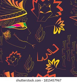 Dark seamless pattern of symbols, landmarks, and signs of Egypt from icons in a linear style.