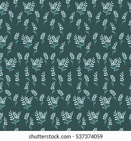 Dark seamless pattern with tender flowers on a green background. Vector illustration.