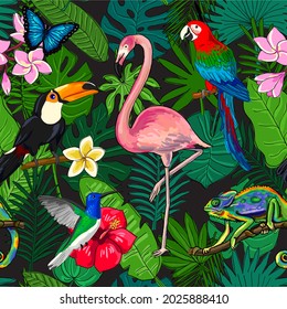 dark seamless pattern tropics flowers leaves birds
