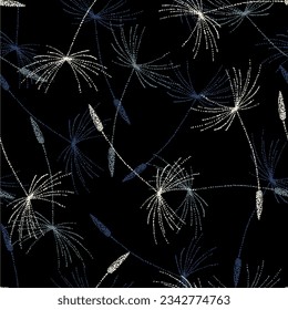 Dark seamless pattern vector with white wind blow dandelion flowers. Beautiful hand-drawn illustration on black background