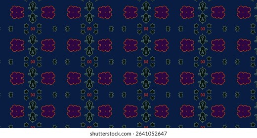 Dark seamless pattern with violet clouds, muted stars, and abstract symbols in moody color tones. Perfect for modern kids' fashion or editorial prints.