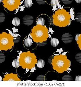 Dark seamless pattern voctor Hand drawn Summer Blooming flower on hand sketch polka dots background in modern style for fashoin fabric, wallpaper and all prints  