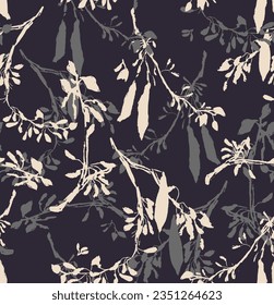 Dark seamless pattern of white acacia branch silhouettes entangled on black field. Moody hand drawn botanical plant background.