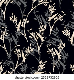 Dark seamless pattern of white acacia branch silhouettes entangled on black field. Moody hand drawn 