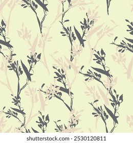 Dark seamless pattern of white acacia branch silhouettes entangled on black field. Moody hand drawn 