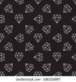 Dark seamless pattern with white diamonds. Vector background made with diamond icons in thin line style