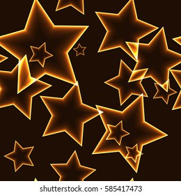 Dark seamless pattern with yellow / gold  neon laser outline stars on black background