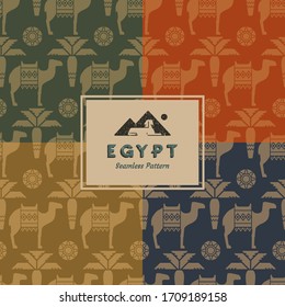 Dark seamless patterns collection of symbols, landmarks, and signs of Egypt from icons in a glyph style.