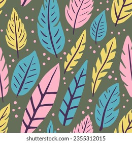 Dark Seamless Retro Feathers Template Design. Black Seamless Color Quill Ornament, Seamless Print. Light Continuous Summer Plumage Decor Texture. Plumage