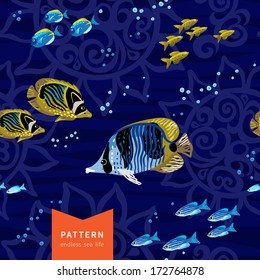 Dark seamless sea background with abstract ornament, starfish and fishes. It can be used for wallpaper, pattern fills, web page, surface textures, decoration for bags and clothes.