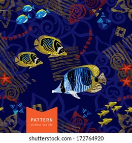 Dark seamless sea background with abstract ornament, starfish and fishes. It can be used for wallpaper, pattern fills, web page, surface textures, decoration for bags and clothes.