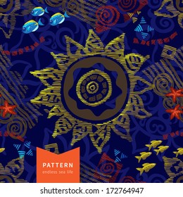 Dark seamless sea background with abstract ornament, starfish and fishes. It can be used for wallpaper, pattern fills, web page, surface textures, decoration for bags and clothes.