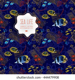 Dark seamless sea life background with abstract ornament, waves and fishes. Ornamental tracery lace pattern. Ornate marine decor for wallpaper. Deep blue  shimmering backdrop. Maritime illustration.